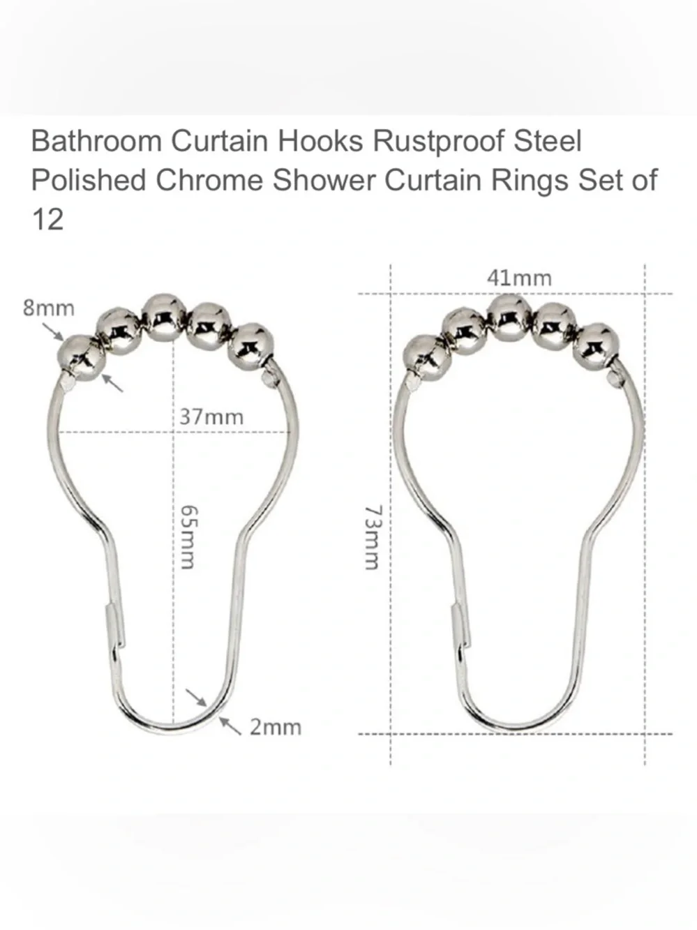 Rustproof Polished Chrome silver Shower Curtain Hooks - Set of 12 new
